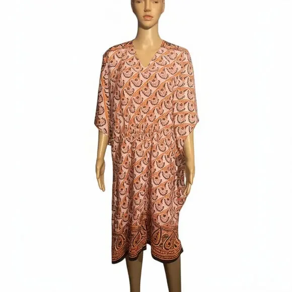 Kaftan Dress OSFM Pink Orange Bohemian Elastic Cinch Flowy - Picture 2 of 8